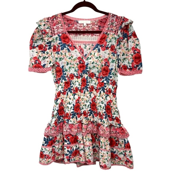 LoveShackFancy Rena Rose Floral Ruffle Mini Dress in Rush of Red Women’s Medium - Picture 7 of 16